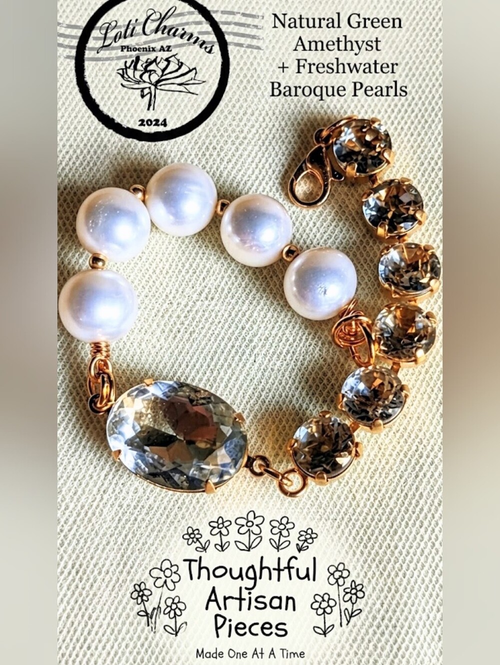 21 Carats Natural Prasiolite/ Green Amethyst and White Baroque Pearl Bracelet